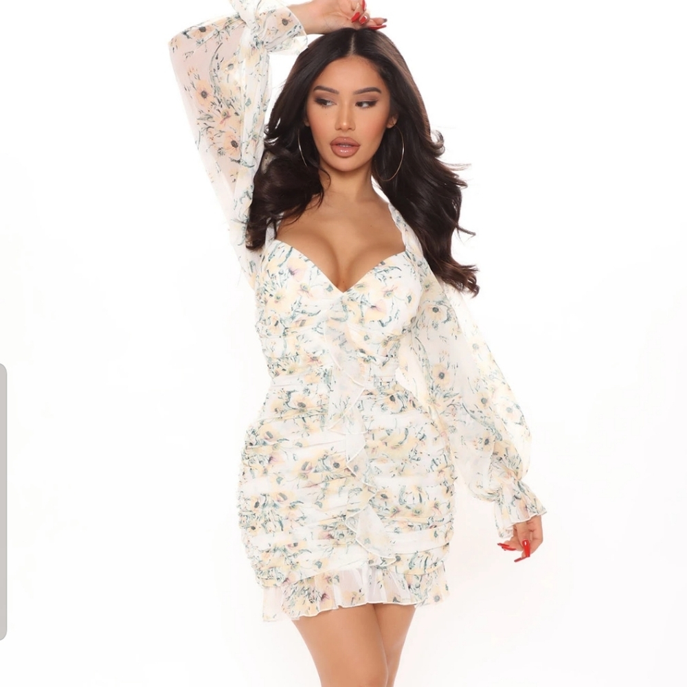 Flower Stunna Ruched Mini Dress - White/combo